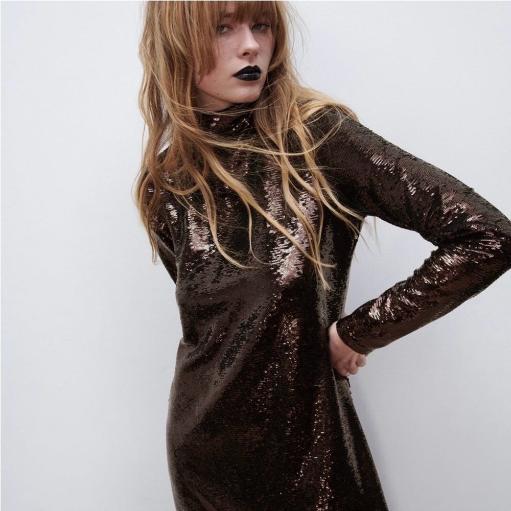Zara $149 Sequin Knit Brown Midi Dress‎ 3920/100 Extra Small XS Small